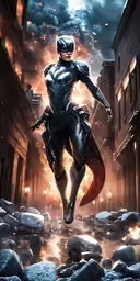 a superhero running through the middle of a street
