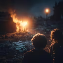 two people looking at the fire in the distance