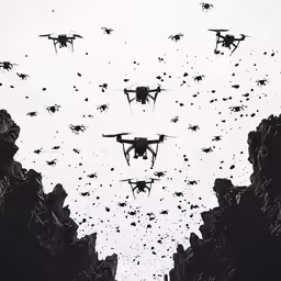 several air planes flying in the sky and some rocks
