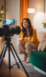 a woman sitting on a couch holding a camera