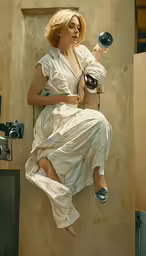 the woman is posing for a picture and wearing a white outfit