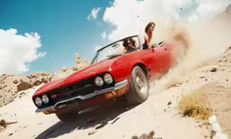 a girl is riding in the top of a convertible car on a desert track