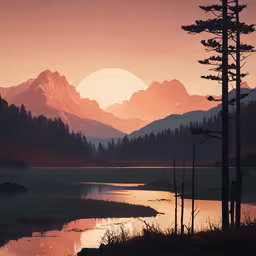 a sunset scene with mountains and water in the foreground,a painting of the sun setting over mountains and a river