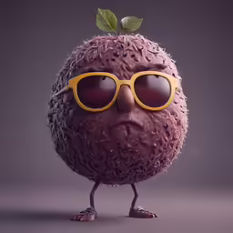 an ugly, emo - style character wears yellow sunglasses and a big prickel with leaves on its head