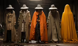 seven mannequins stand in the middle of an abandoned building
