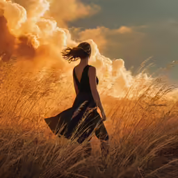 a girl walking in the grass looking up