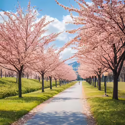 flowering trees are lining the road, with sunlight peaking through them