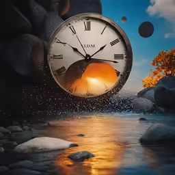 an outdoor display featuring a lit clock, rocks and water
