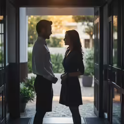 the woman and man are standing outside of a doorway together