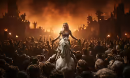 a woman riding a horse through a crowded street