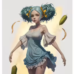 the young woman is dressed in green attire