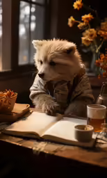 a fox sitting at a table with a book and glass of beer