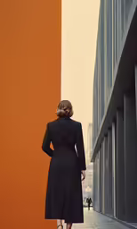 woman wearing a coat, hat and heels walking along the sidewalk