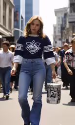 a woman walking on the street carrying a bucket