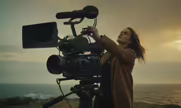 a woman looking up into the sky while behind a camera