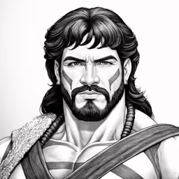 the character, a man with long hair and a beard, is drawn in a pen drawing