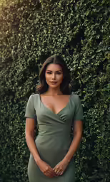 a woman in a gray dress standing by a hedge