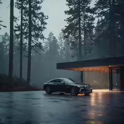 a car is parked in front of a lit up building