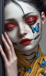 a woman with butterflies painted on her face