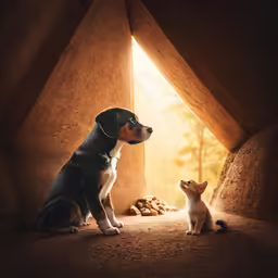 a puppy and a cat are sitting together
