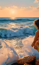 two girls sitting on the rocks looking at the waves