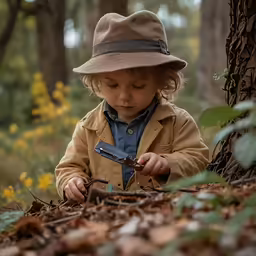 a small child standing in the woods wearing a hat