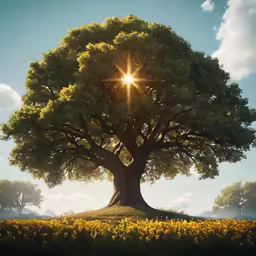 a tree that has the sun shining down in the sky