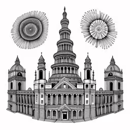 a drawing of the top and sides of a building,an ornate design with ornate details in black and white