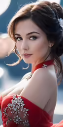 a woman in red has her hair down, wearing an elaborate flower