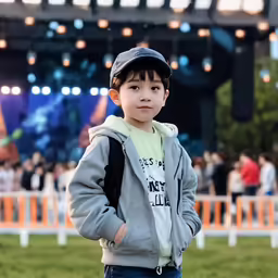 the little boy is standing in the grass