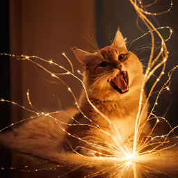 an angry cat hissing into sparklers