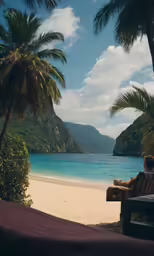a person sitting on a bench overlooking the beach