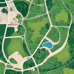 an aerial map of a lush green park