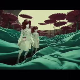 two dolls standing by each other in front of many trees and umbrellas