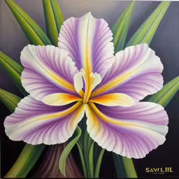 a painting of a purple flower on black,a painting of a flower with large leaves on it,a painting of a purple and yellow flower,a painting of a purple flower in white and yellow,the painting is of a purple flower