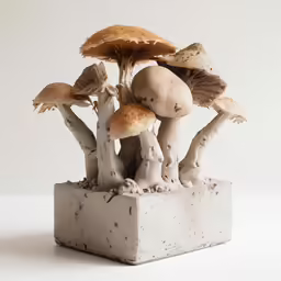 there are some white mushrooms growing out of a statue