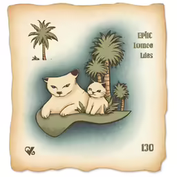 a cat sitting on top of another cat in front of palm trees