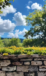 a rock wall with many flowers growing on it