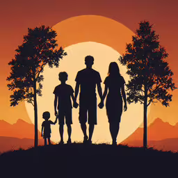 silhouetted family standing on a hill with the sun setting,silhouette of family walking at sunset with trees