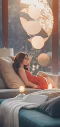 a woman lying down on a bed with the light shining