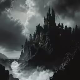 an old castle sits atop a hill above a river