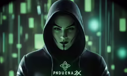 a man in a black outfit with white make - up and green lettering that says pandema xx