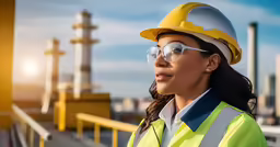 a woman in safety gear stands at a construction site