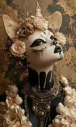a close up of a statue of a cat with flowers on its head