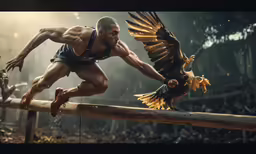 a man in shorts and shirt carrying an eagle
