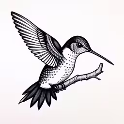there is a drawing of a bird on a branch,this is an ink drawing of a hummingbird perched on a branch