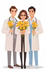 two men and a woman in white coats with bouquets