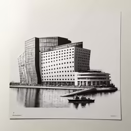 a black and white image of a large building in a body of water