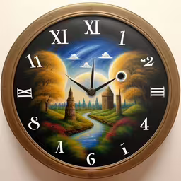 a clock with a picture of a castle is shown,a clock is shown with paintings on it,this is an original clock painting by an unknown artist,a wall clock that has a painting on it,the large clock has a painting on it
