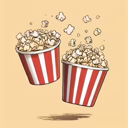 popcorn buckets with white chips falling out of them
